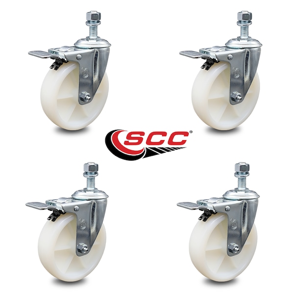 5 Inch Nylon Swivel 3/8 Inch Threaded Stem Caster Set with Total Lock Brake SCC